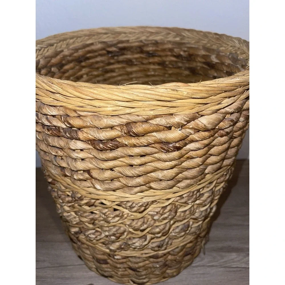 Vintage Hand Woven Wicker Seagrass Waste Basket Trash Can